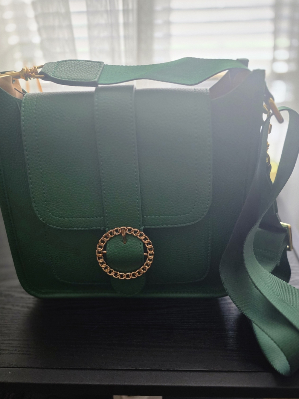 Green Crossbody Shoulder Bag with Gold Ring Accent